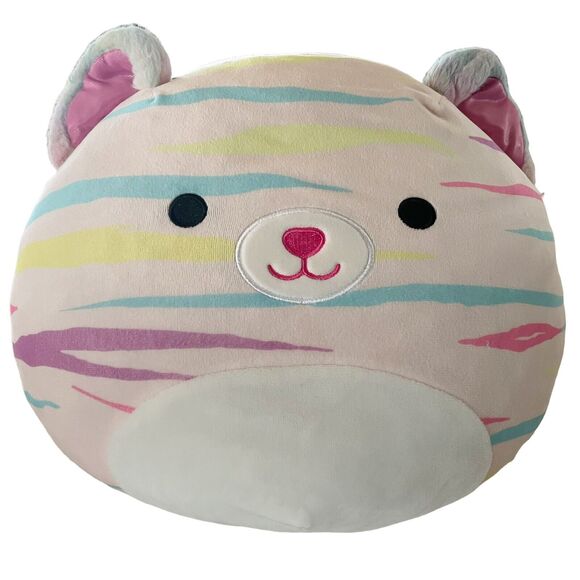 KellyToy Squishmallows Atoosa Tiger Cat Pastel Stripes Sparkle Pink Ears 10 Inch - Picture 1 of 5